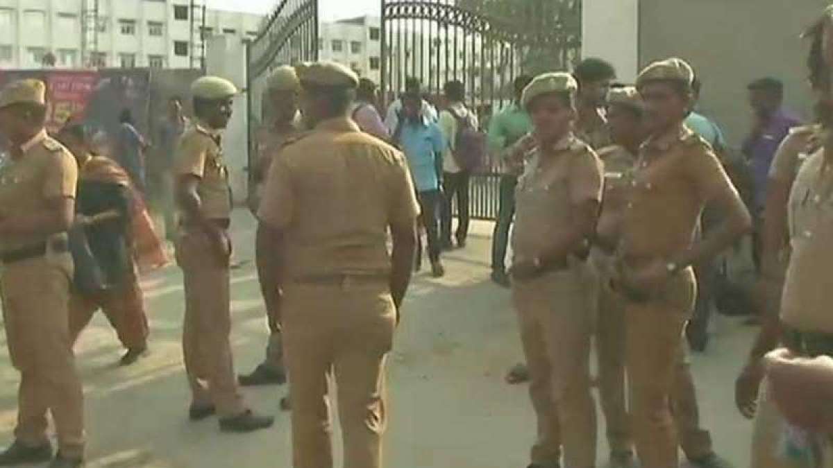 Cops outside Meenakshi Academy of Higher Education and Research Cops outside Meenakshi Academy of Higher Education and Research