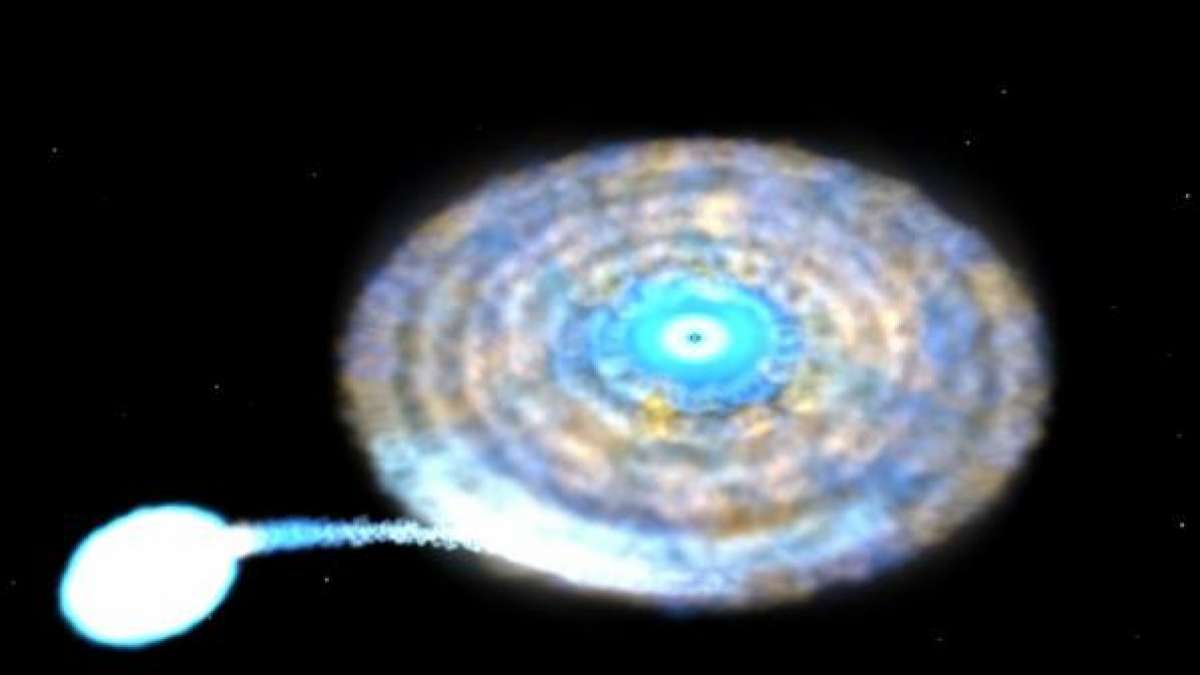 An illustration of IGR J17062–6143, a binary star system featuring a pulsar and its companion, from which the neutron star is steadily stealing stellar material. Photo by NASA's Godard Space Flight Center An illustration of IGR J17062–6143, a binary star system featuring a pulsar and its companion, from which the neutron star is steadily stealing stellar material. Photo by NASA's Godard Space Flight Center