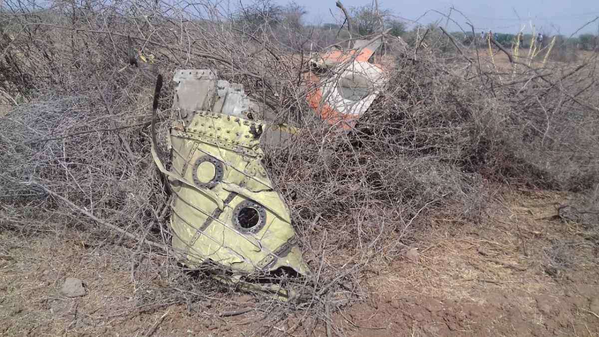 Debris from the Air Force fighter plane which crashed in Gujarat's Kutch district on Tuesday. Debris from the Air Force fighter plane which crashed in Gujarat's Kutch district on Tuesday.