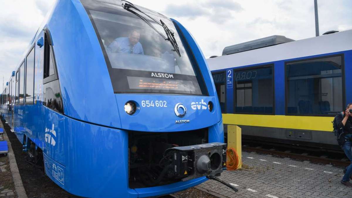 The first hydrogen-powered train, by French train maker Alstom, arrives at the station in Bremervoerde, Germany, as it enters service The first hydrogen-powered train, by French train maker Alstom, arrives at the station in Bremervoerde, Germany, as it enters service