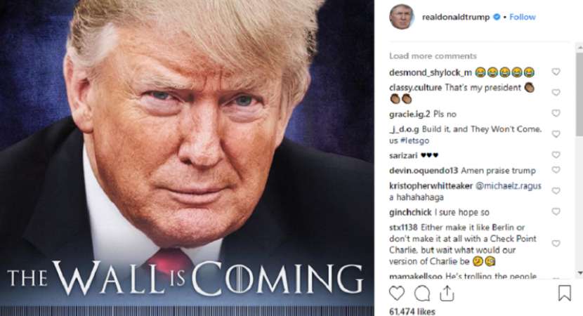 Donald Trump features in 'Game of Thrones' styled poster over Mexico Wall Donald Trump features in 'Game of Thrones' styled poster over Mexico Wall