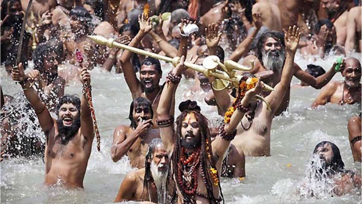 Still image of Sadhus taking Shahi Snan in Sangam Still image of Sadhus taking Shahi Snan in Sangam