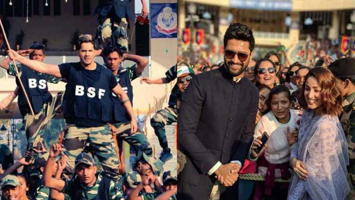 Actors Varun Dhawan, Vicky Kaushal and Yami Gautam at the Attari Wagah Border Actors Varun Dhawan, Vicky Kaushal and Yami Gautam at the Attari Wagah Border