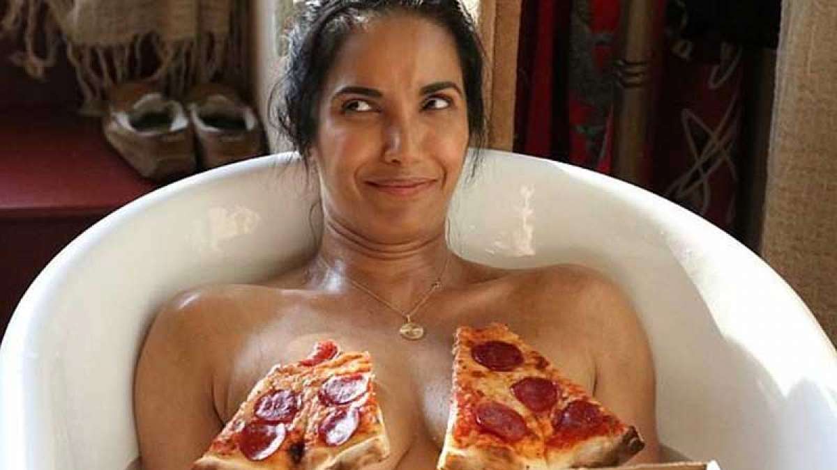 Padma Lakshmi goes topless to celebrate National Pizza Day Padma Lakshmi goes topless to celebrate National Pizza Day