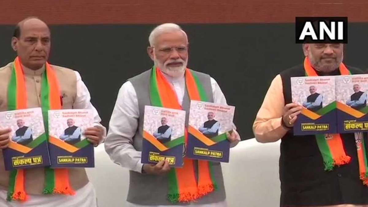 PM Narendra Modi, Amit Shah and Rajnath Singh at BJP poll manifesto launch (Image: ANI Twitter) PM Narendra Modi, Amit Shah and Rajnath Singh at BJP poll manifesto launch (Image: ANI Twitter)